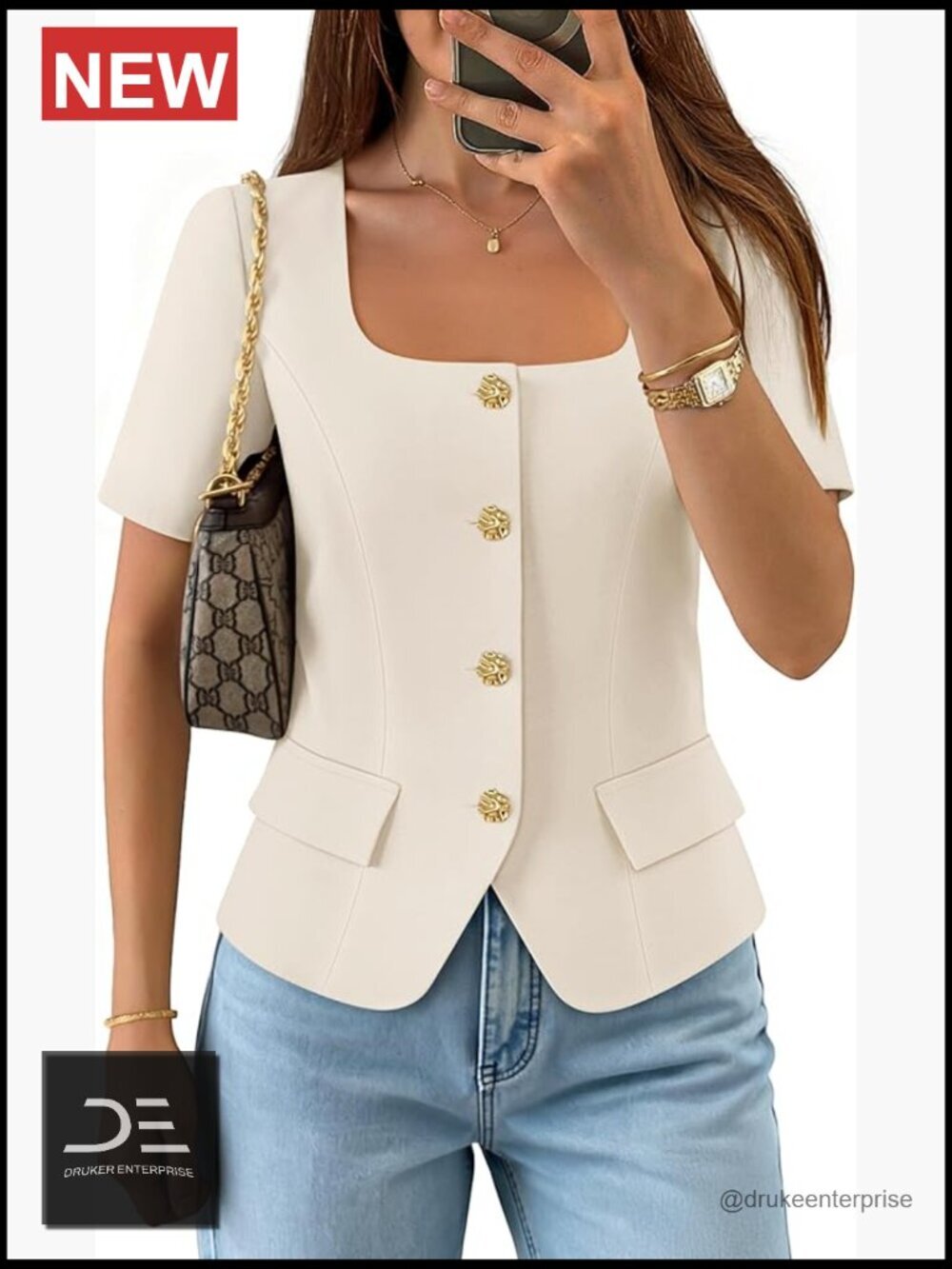 Crop Blazer Vest Square Neck Short Sleeve Button Down Casual Work Top